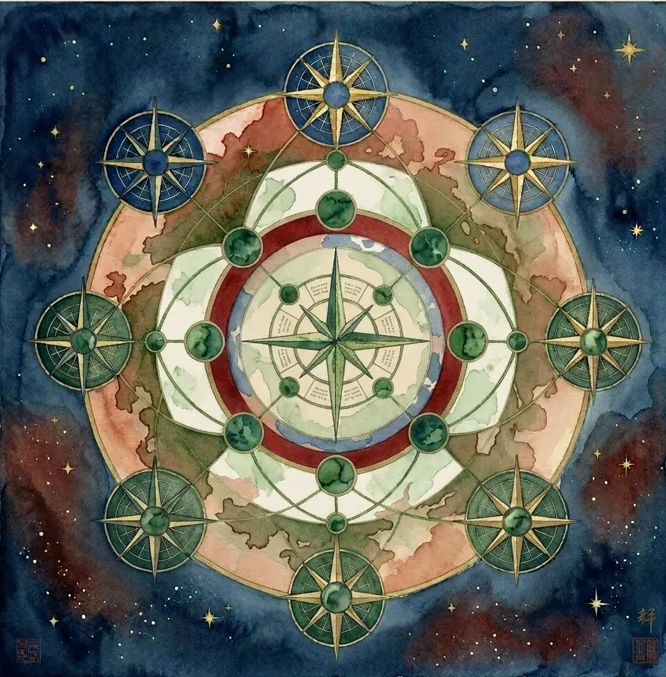 A painted celestial wheel of concentric circles and eight-pointed compass stars set against a starry night sky, evoking a Gene Keys Hologenetic Profile