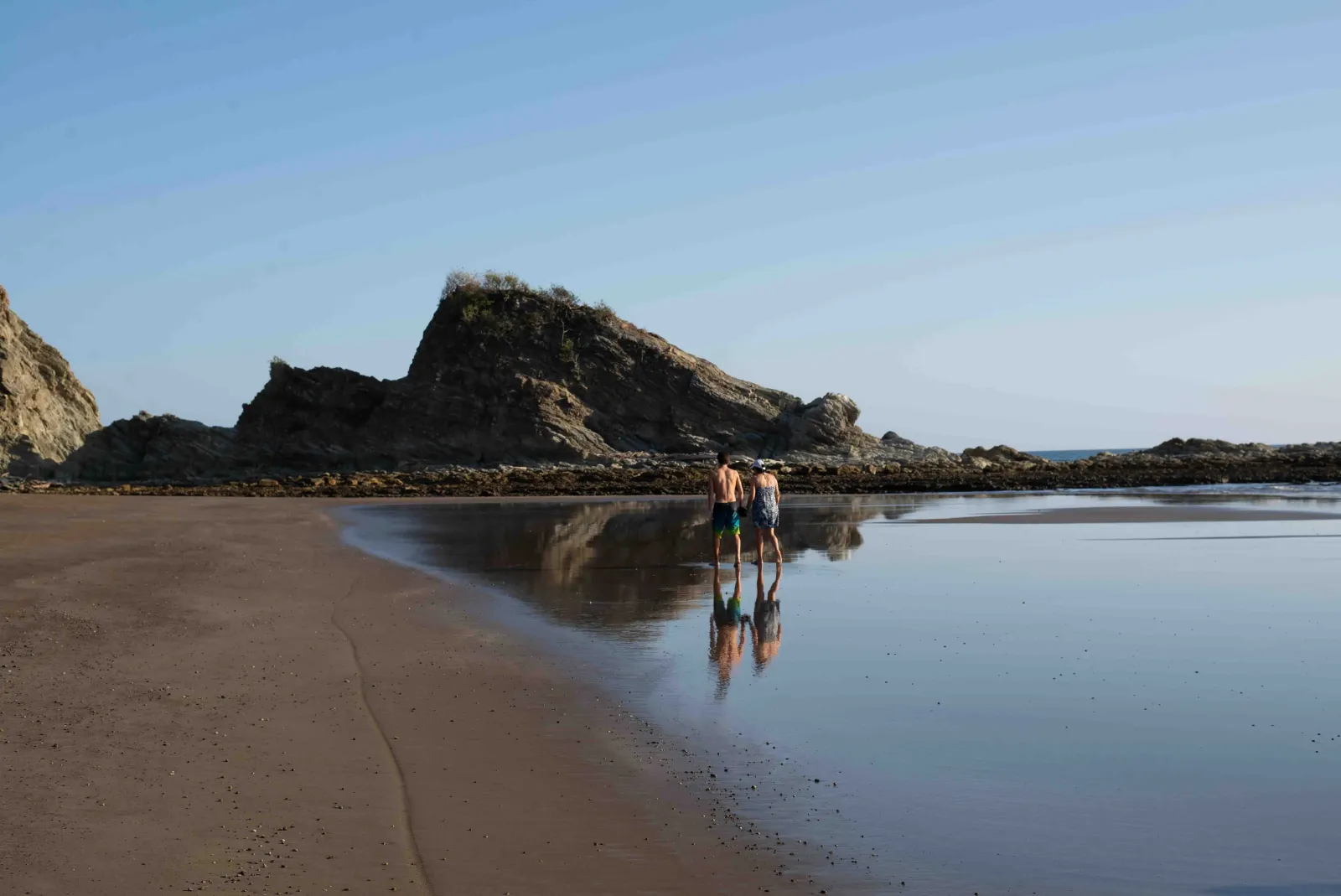 La costa de Nosara entre ramas desnudas, surfistas en el agua azul más abajo