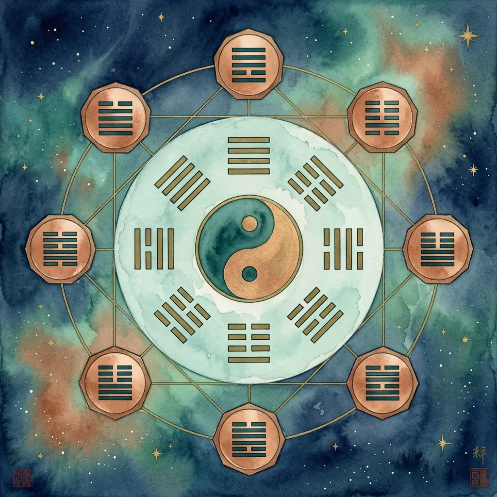 A watercolor I-Ching bagua wheel — the eight trigrams in copper medallions encircling a yin-yang, set against a starry night sky