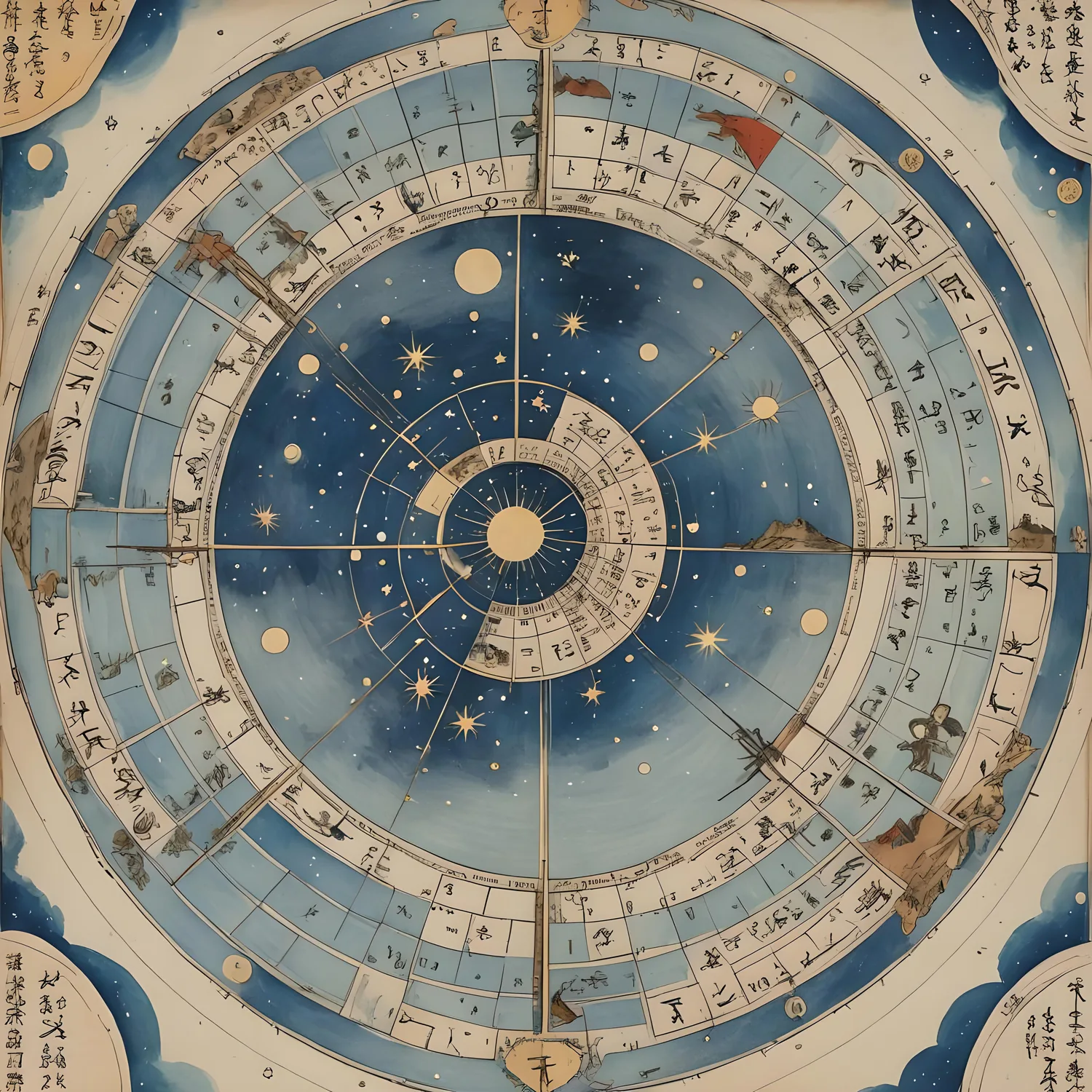 A syncretic astrological wheel weaving symbols from multiple ancient traditions — sun, moon, stars, zodiac, and characters from Eastern oracle systems